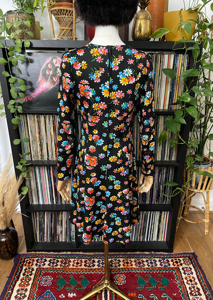 Vintage 1970s Black Floral Mini Dress