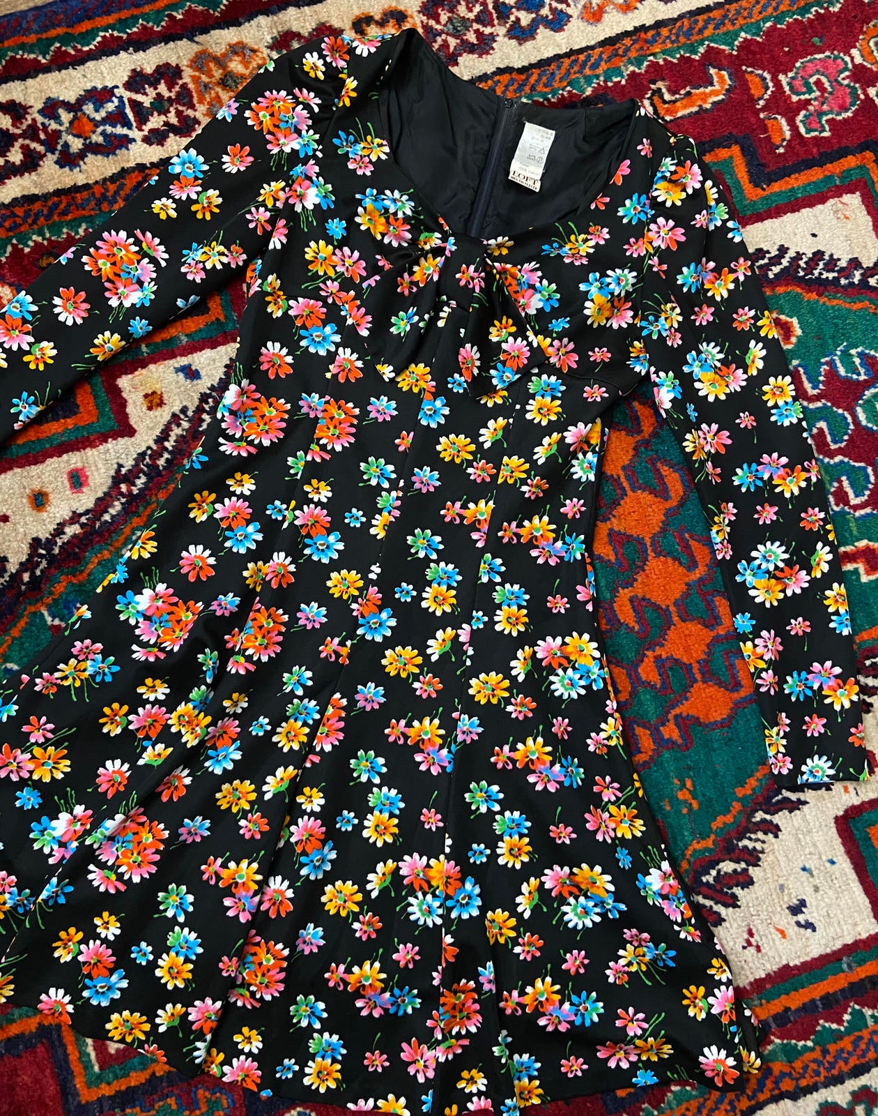 Vintage 1970s Black Floral Mini Dress