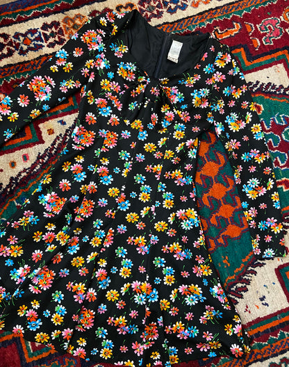 Vintage 1970s Black Floral Mini Dress