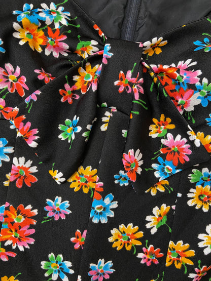 Vintage 1970s Black Floral Mini Dress