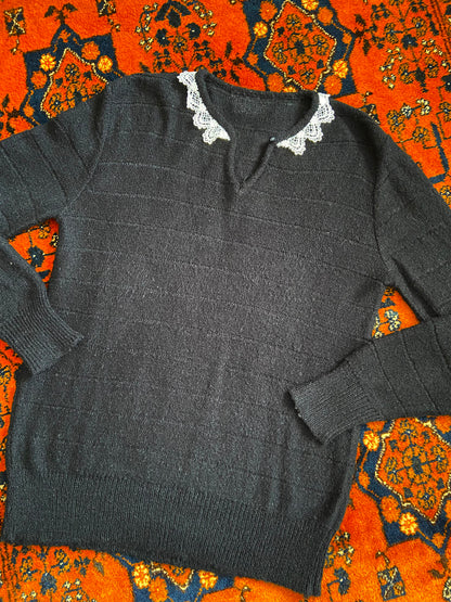Vintage 1980s Black Lace Trim Jumper