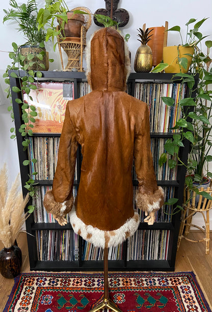 Vintage 1970s Tan Cowhide Hooded Afghan Coat