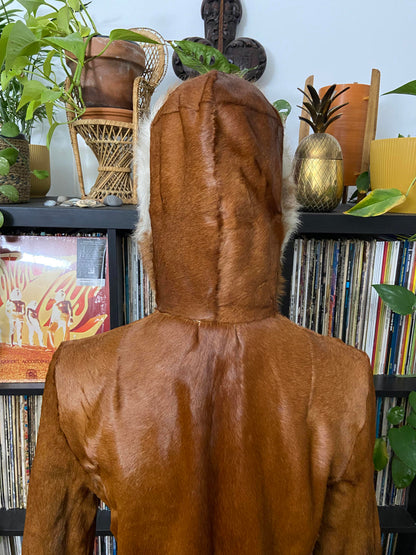 Vintage 1970s Tan Cowhide Hooded Afghan Coat
