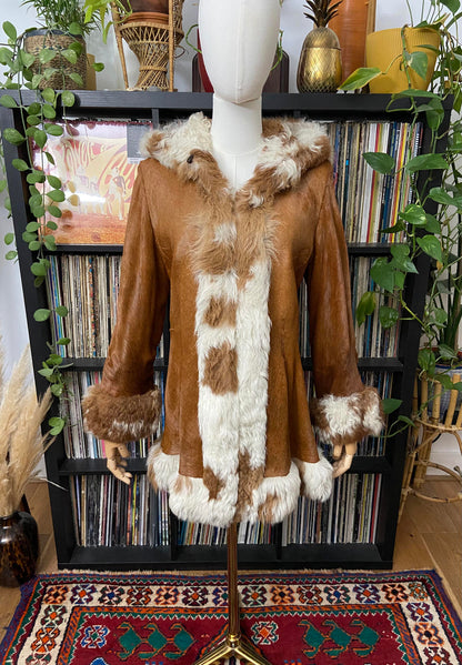 Vintage 1970s Tan Cowhide Hooded Afghan Coat
