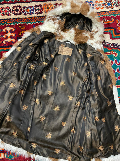Vintage 1970s Tan Cowhide Hooded Afghan Coat