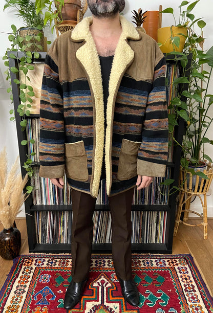 Vintage Suede & Wool Aztec Patterned Sherpa Jacket