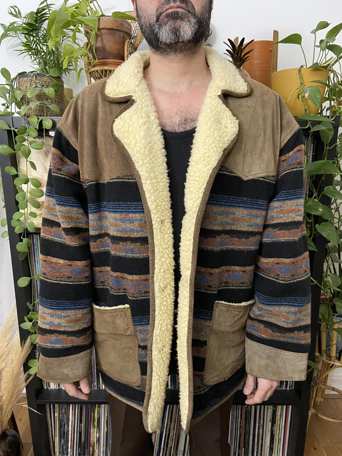 Vintage Suede & Wool Aztec Patterned Sherpa Jacket