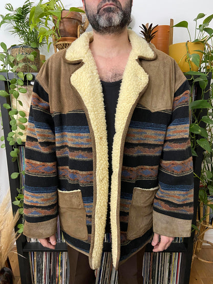 Vintage Suede & Wool Aztec Patterned Sherpa Jacket