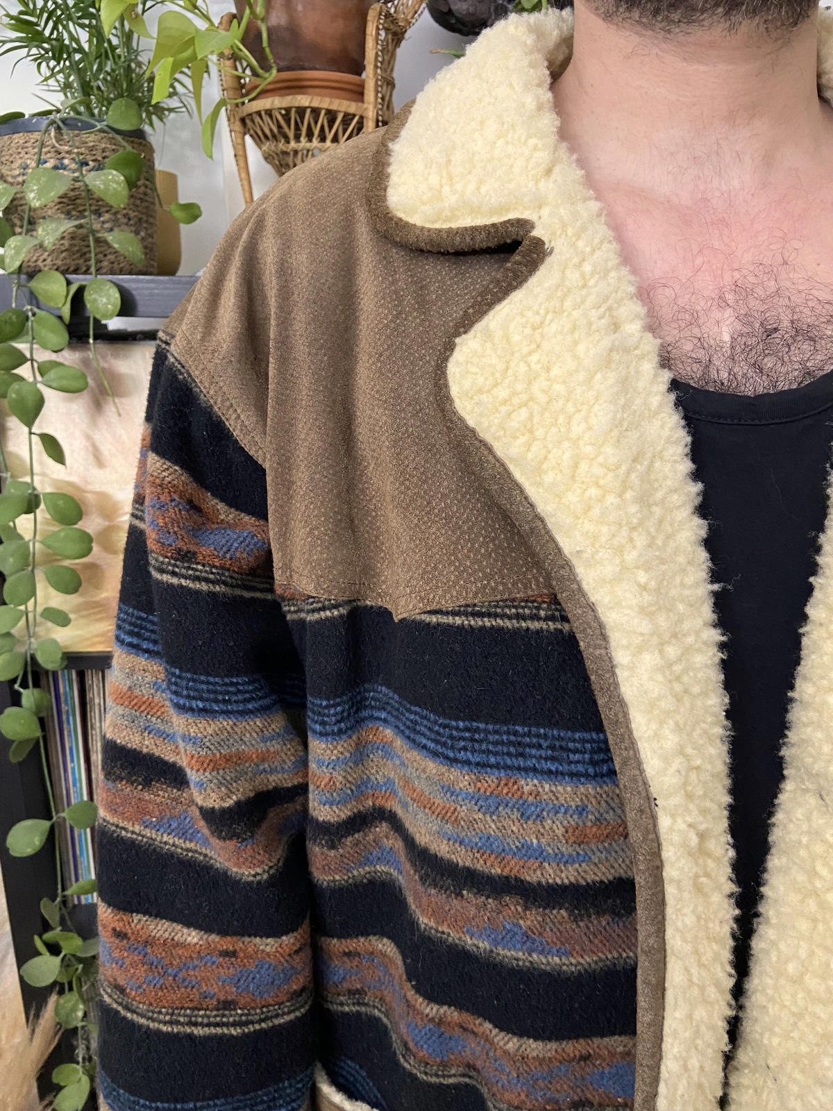Vintage Suede & Wool Aztec Patterned Sherpa Jacket