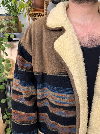 Vintage Suede & Wool Aztec Patterned Sherpa Jacket