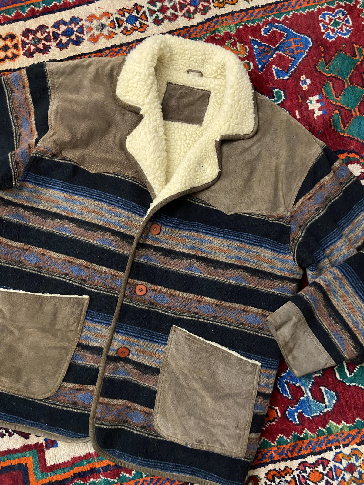 Vintage Suede & Wool Aztec Patterned Sherpa Jacket