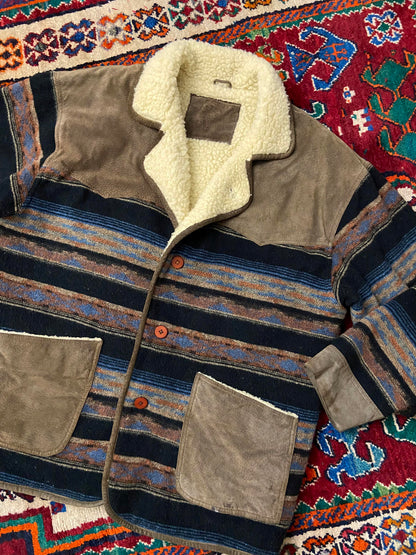 Vintage Suede & Wool Aztec Patterned Sherpa Jacket