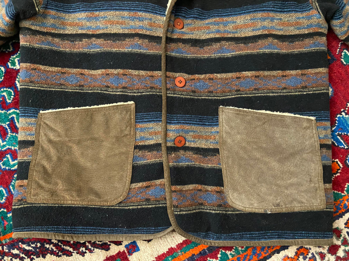 Vintage Suede & Wool Aztec Patterned Sherpa Jacket