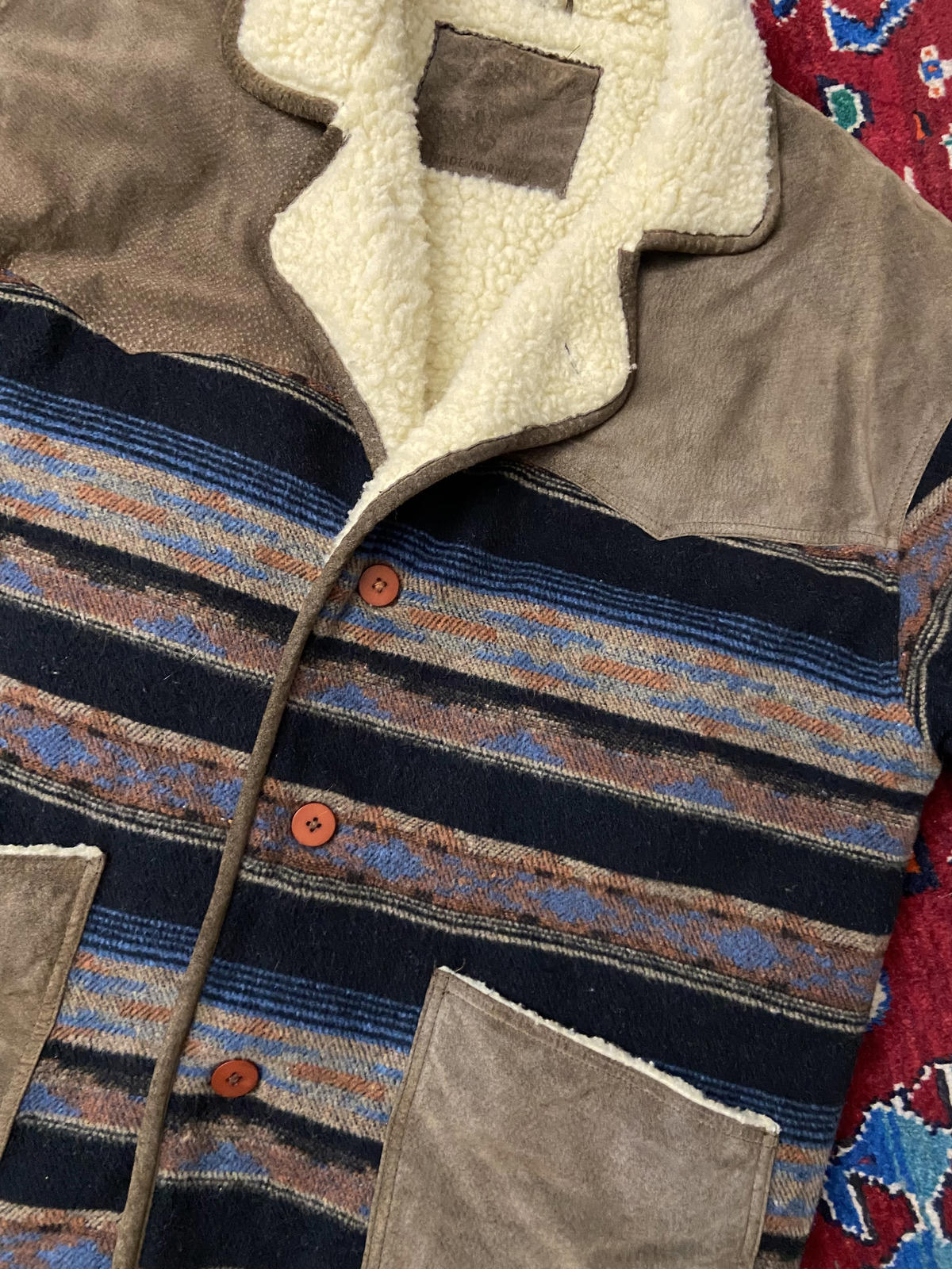 Vintage Suede & Wool Aztec Patterned Sherpa Jacket