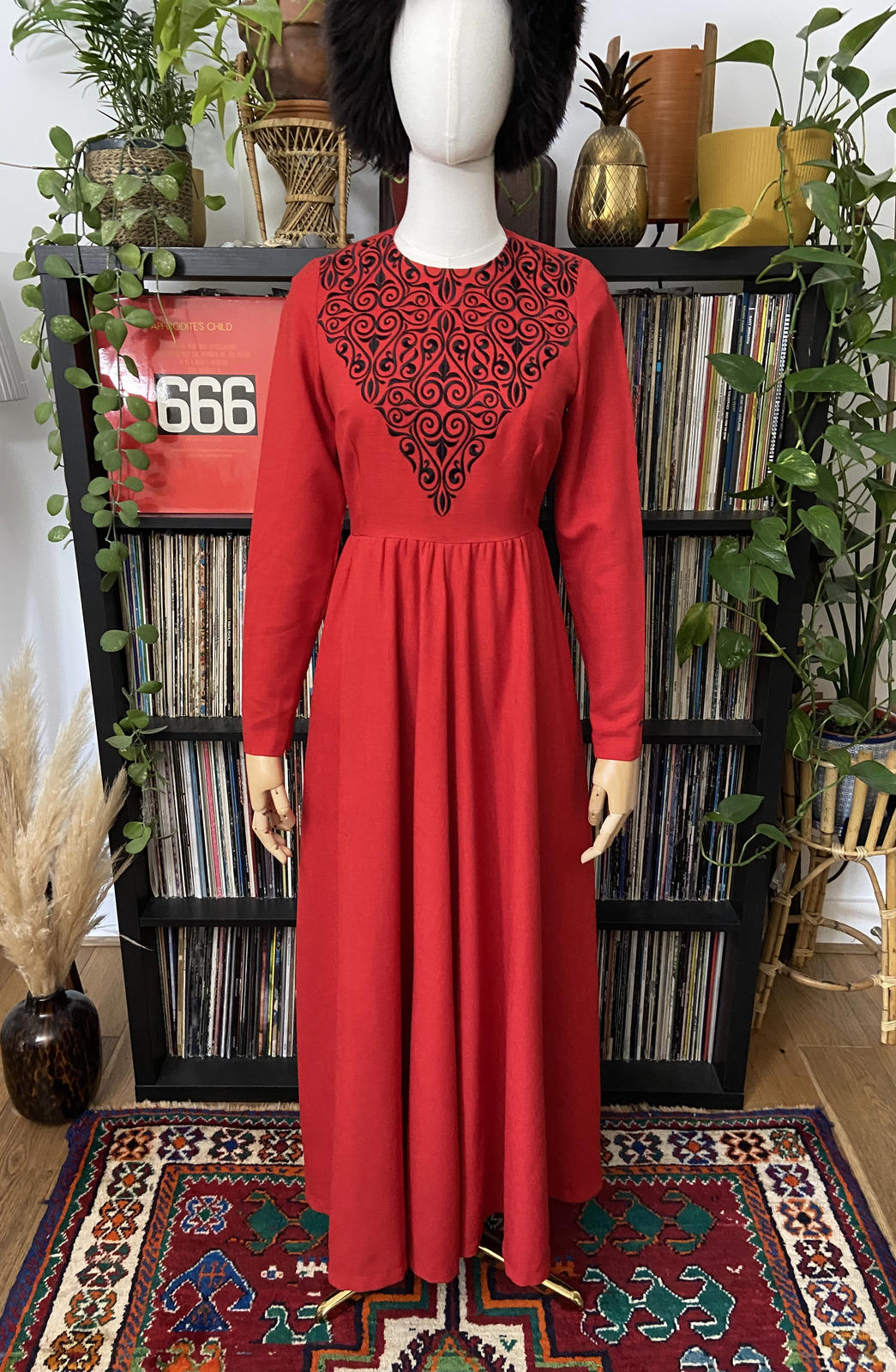 Vintage Style Red Black Embroidered Maxi Dress
