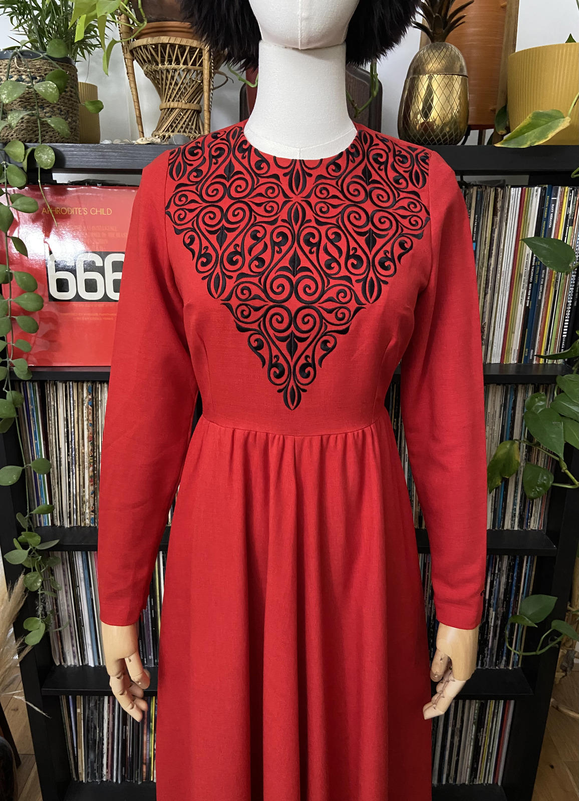 Vintage Style Red Black Embroidered Maxi Dress