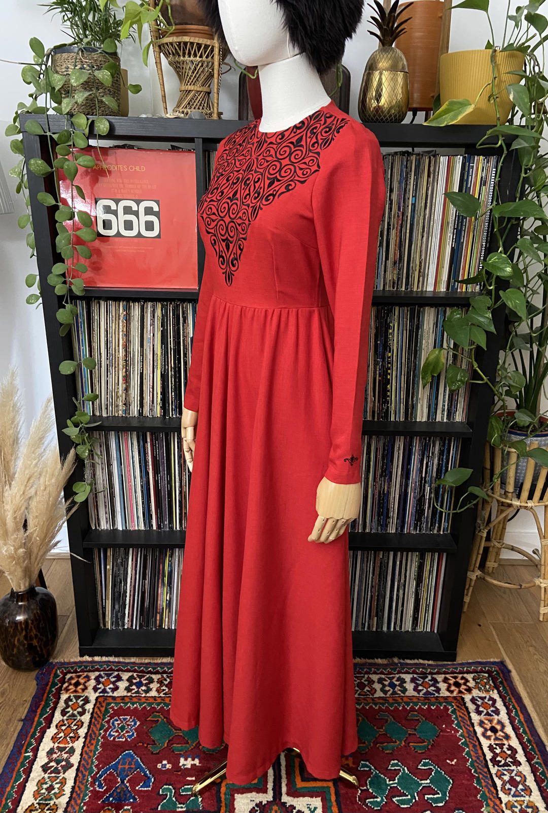 Vintage Style Red Black Embroidered Maxi Dress