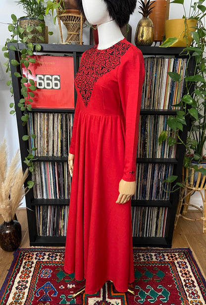 Vintage Style Red Black Embroidered Maxi Dress