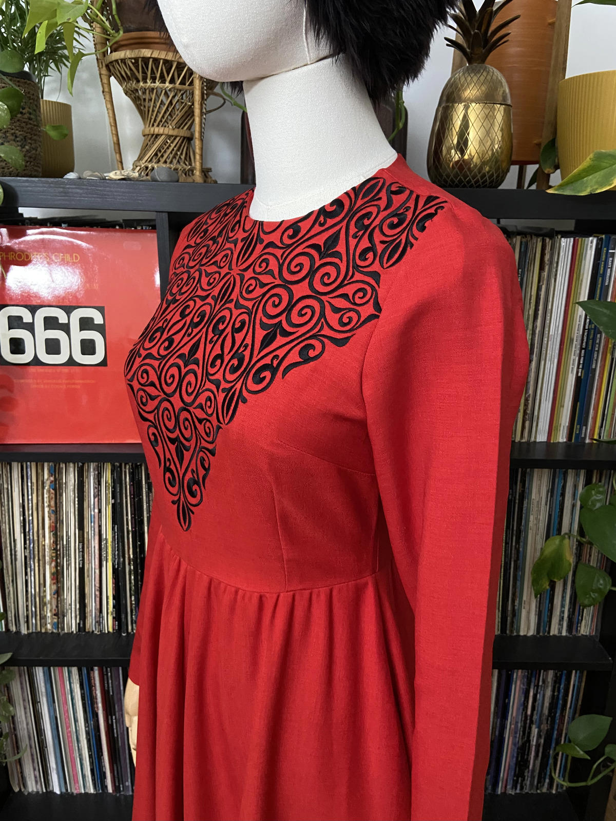 Vintage Style Red Black Embroidered Maxi Dress