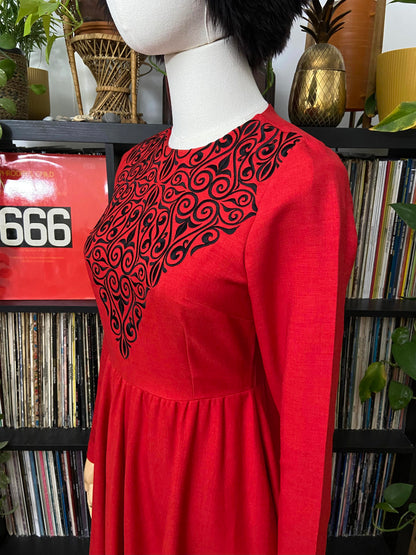 Vintage Style Red Black Embroidered Maxi Dress