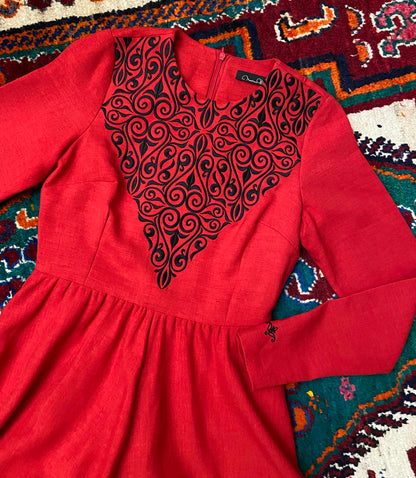Vintage Style Red Black Embroidered Maxi Dress