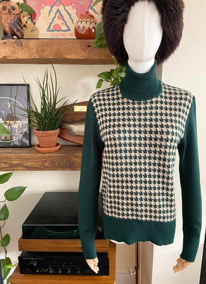 Vintage 1970s Green Houndstooth Turtleneck Jumper