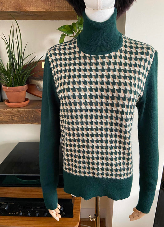 Vintage 1970s Green Houndstooth Turtleneck Jumper