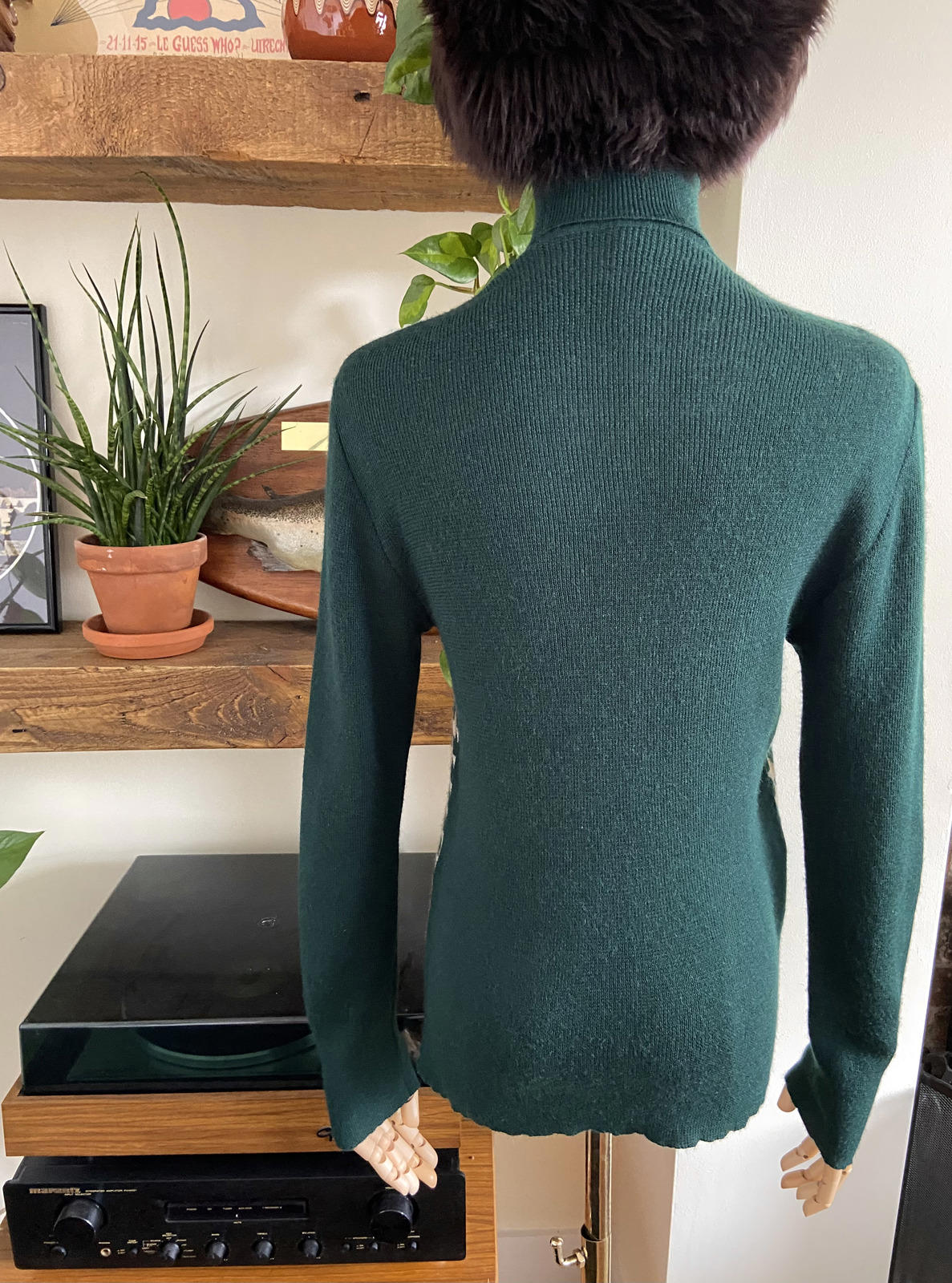 Vintage 1970s Green Houndstooth Turtleneck Jumper