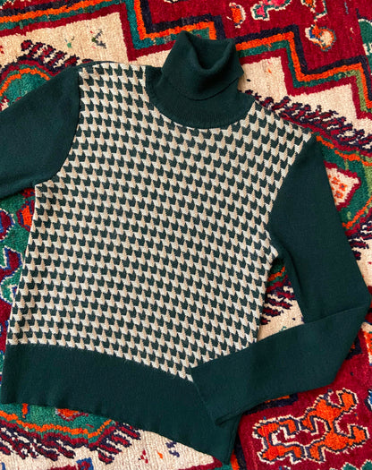Vintage 1970s Green Houndstooth Turtleneck Jumper