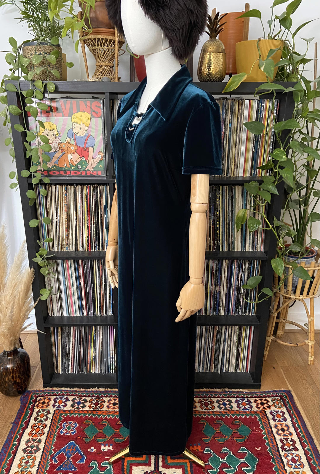 Vintage 90s C&A Teal Green Velvet Maxi Dress