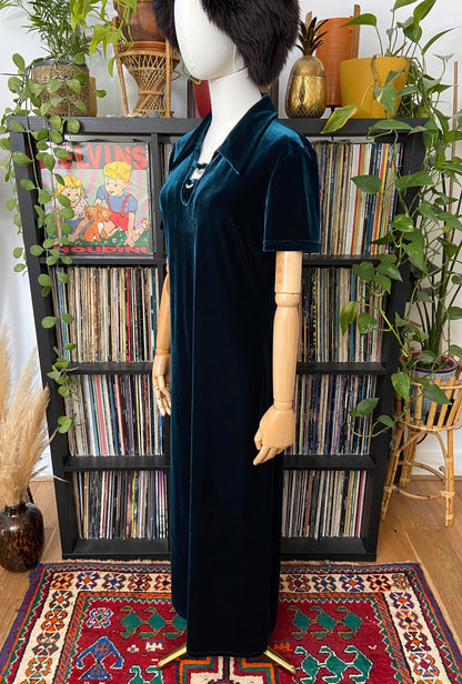 Vintage 90s C&A Teal Green Velvet Maxi Dress