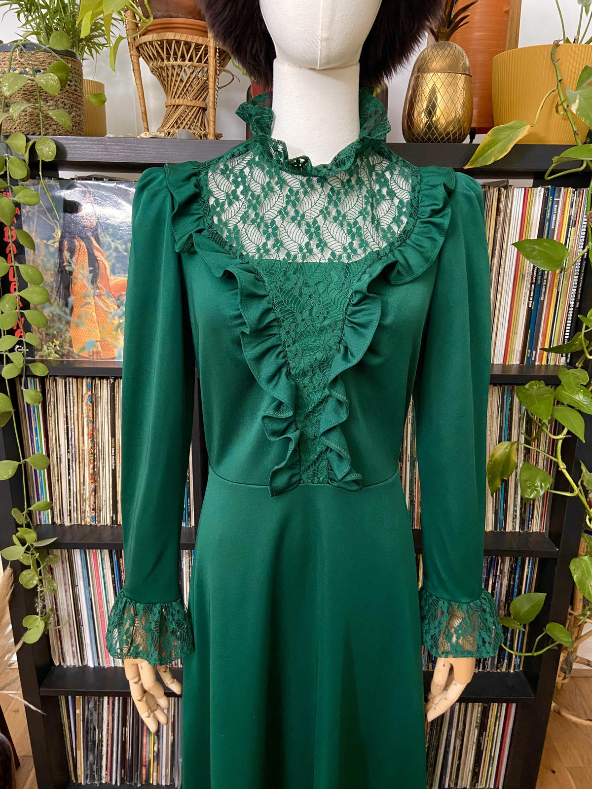 Vintage 1970s Emerald Green Prairie Dress