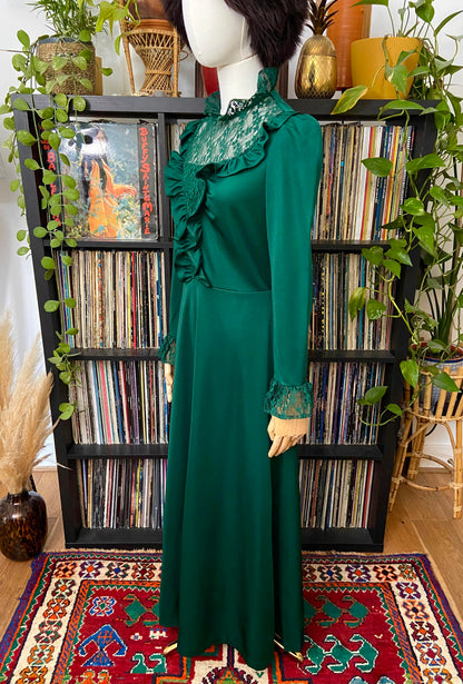 Vintage 1970s Emerald Green Prairie Dress
