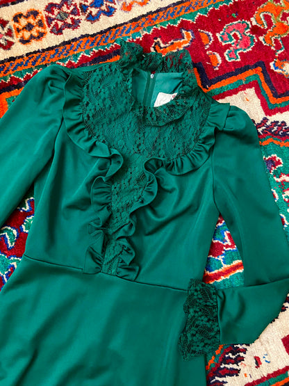 Vintage 1970s Emerald Green Prairie Dress