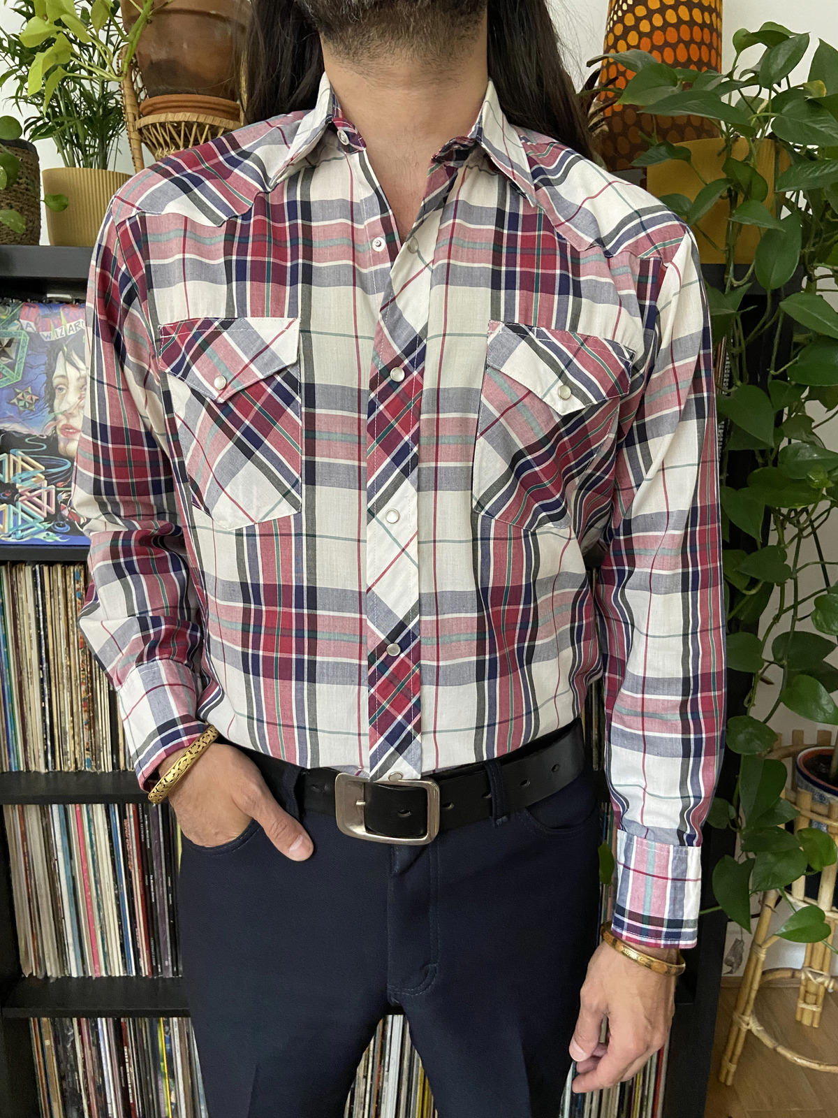 Vintage 90s Burgundy & White Wrangler Western Shirt