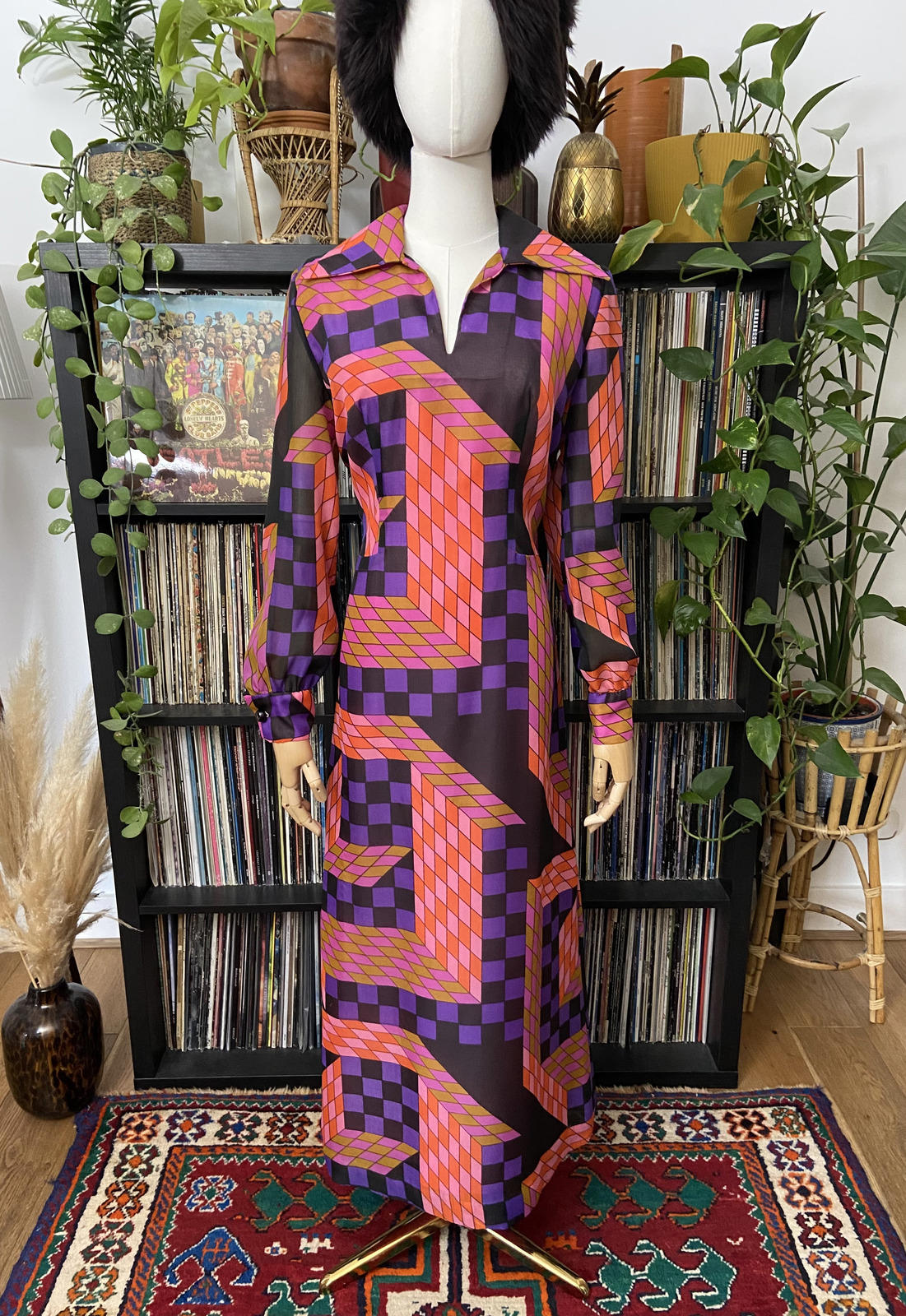 Vintage 1960s Pink Geometric Print Maxi Dress