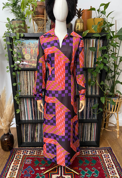 Vintage 1960s Pink Geometric Print Maxi Dress