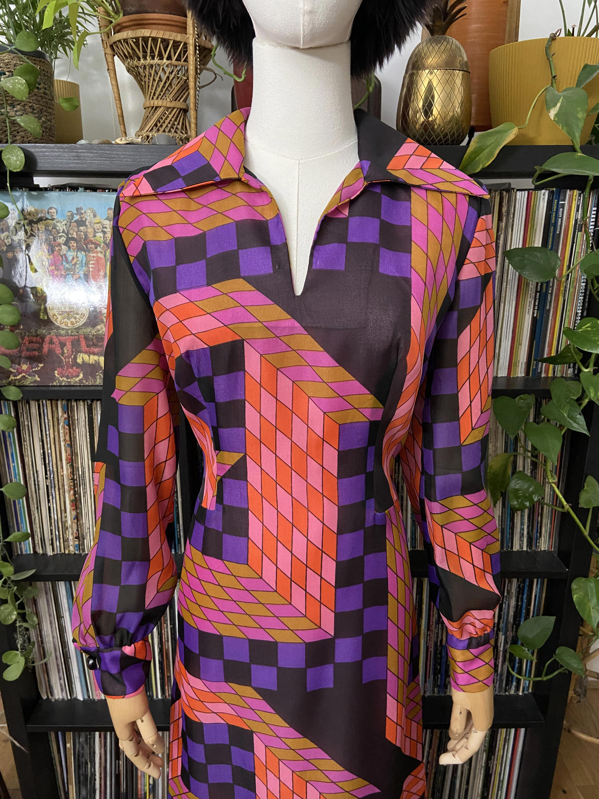 Vintage 1960s Pink Geometric Print Maxi Dress