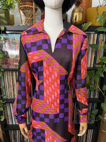 Vintage 1960s Pink Geometric Print Maxi Dress