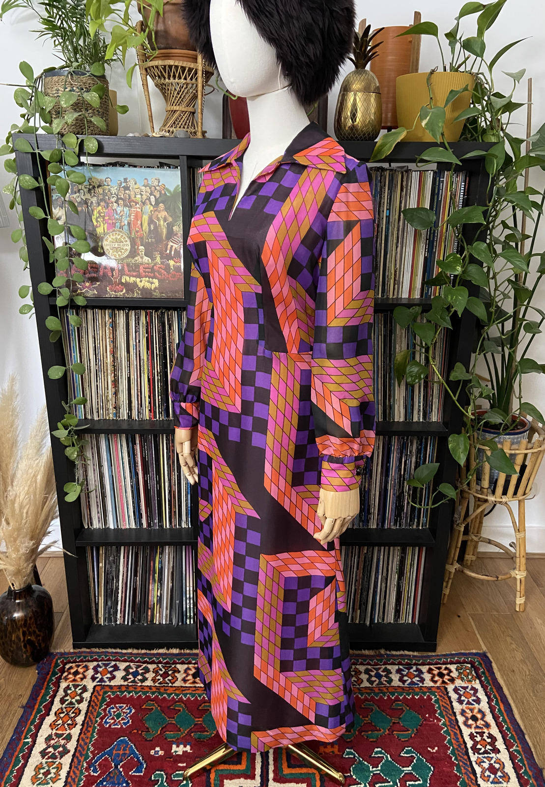 Vintage 1960s Pink Geometric Print Maxi Dress