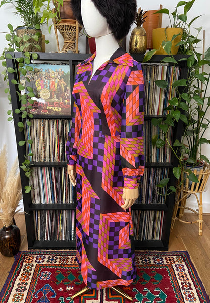 Vintage 1960s Pink Geometric Print Maxi Dress