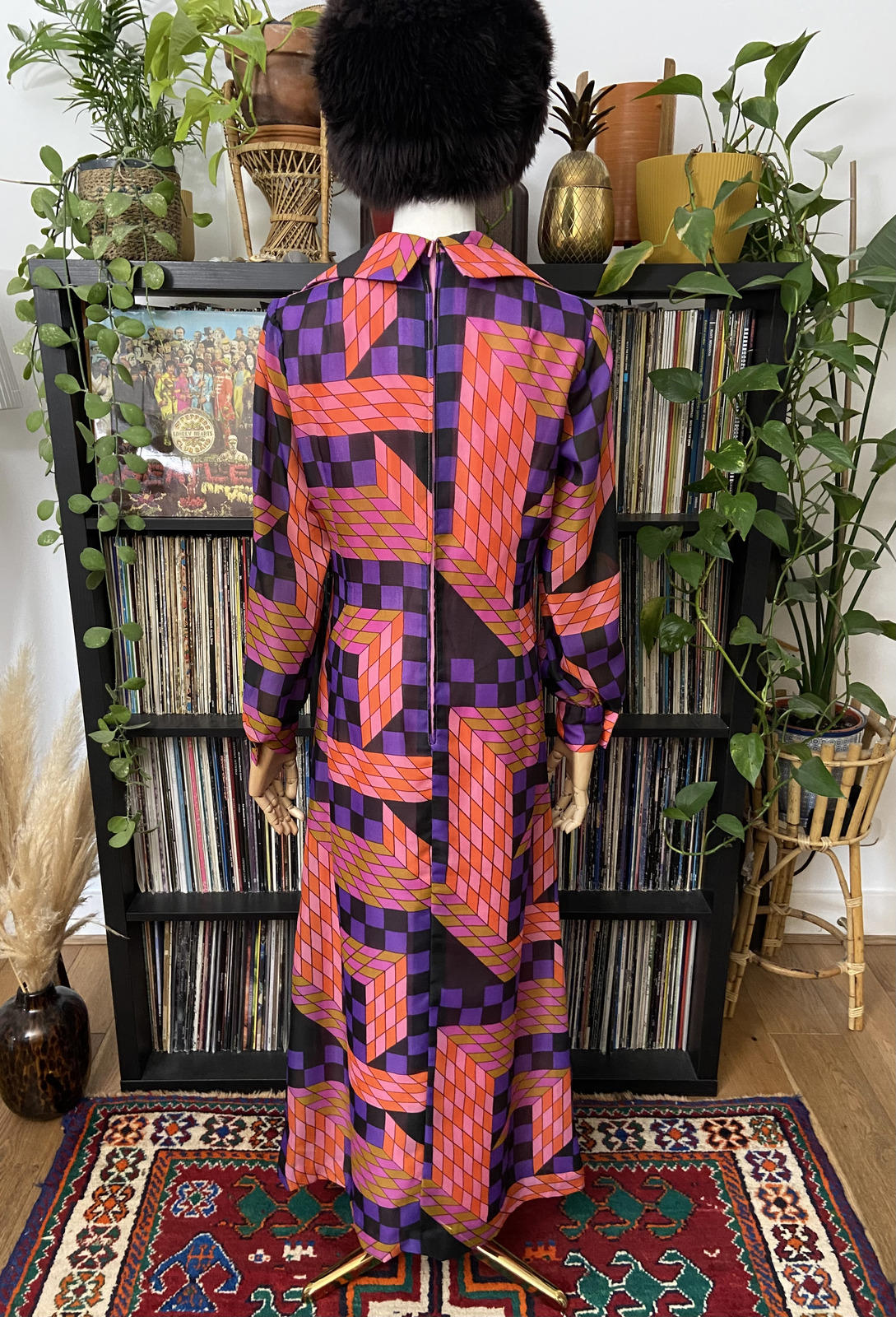 Vintage 1960s Pink Geometric Print Maxi Dress