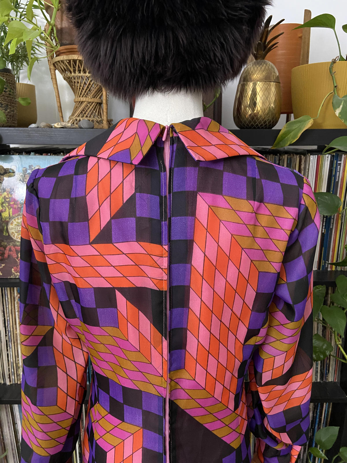 Vintage 1960s Pink Geometric Print Maxi Dress