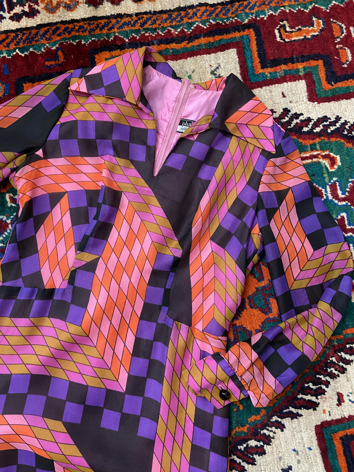 Vintage 1960s Pink Geometric Print Maxi Dress