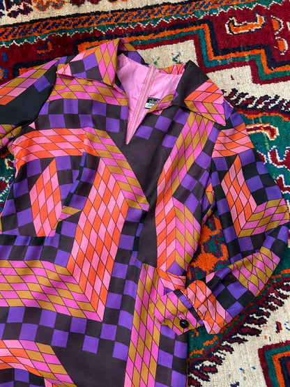 Vintage 1960s Pink Geometric Print Maxi Dress