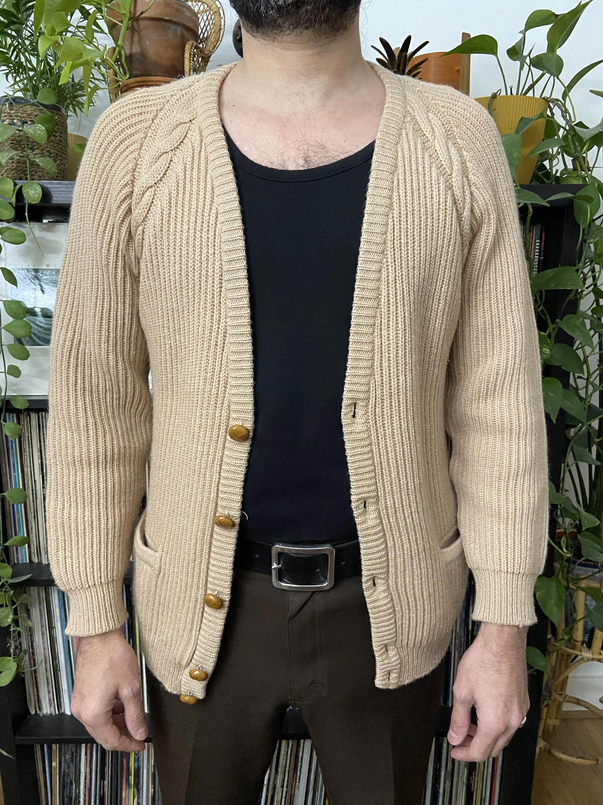 Vintage 1970s Beige Cable Knit Cardigan