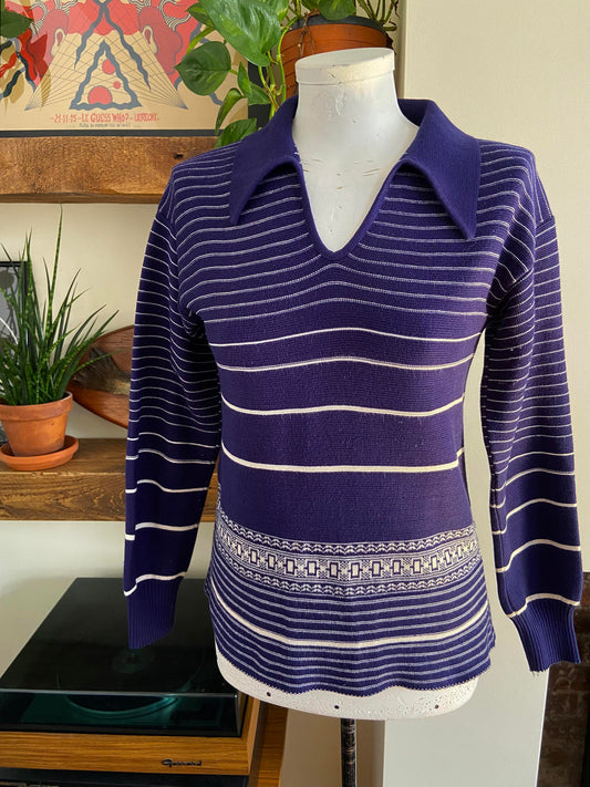 Vintage 1970s Navy White Dagger Collar Jumper
