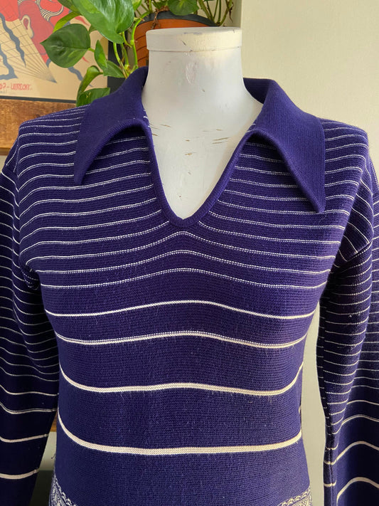 Vintage 1970s Navy White Dagger Collar Jumper