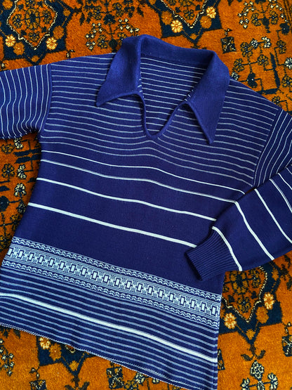 Vintage 1970s Navy White Dagger Collar Jumper