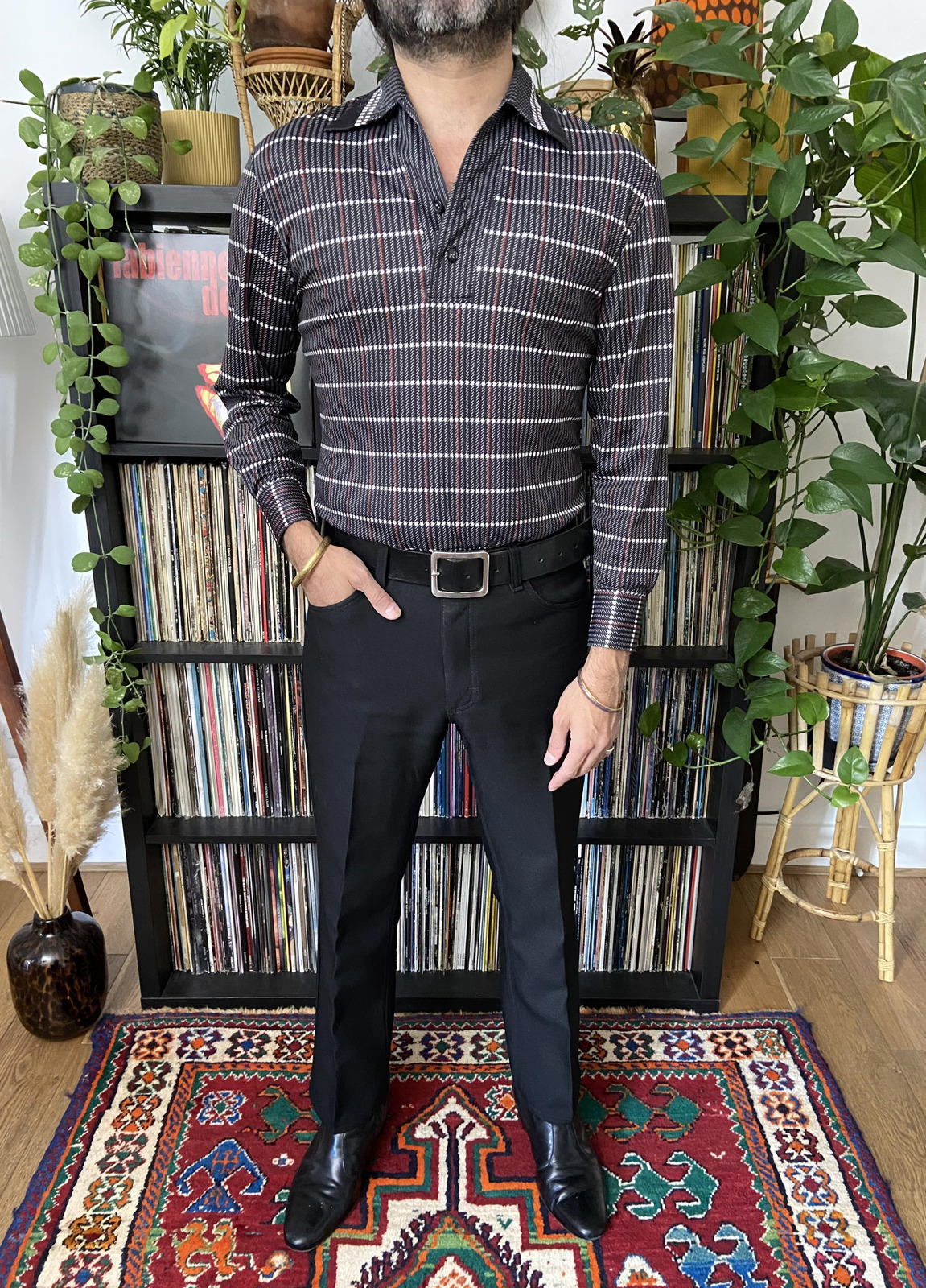 Vintage 1970s Black Patterned Japanese Jersey Top